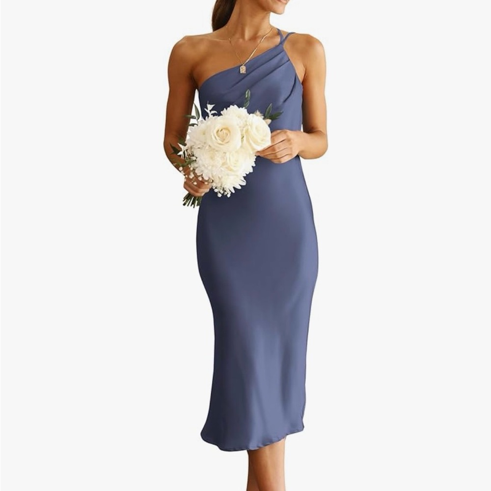 PRETTY GARDEN Blue One-Shoulder Satin Midi Dress - Medium - NWT